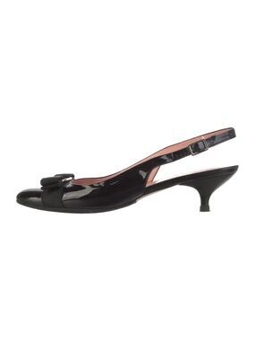 Salvatore Ferragamo Black Patent Slingback Kitten Heel with Bow Accent 9B